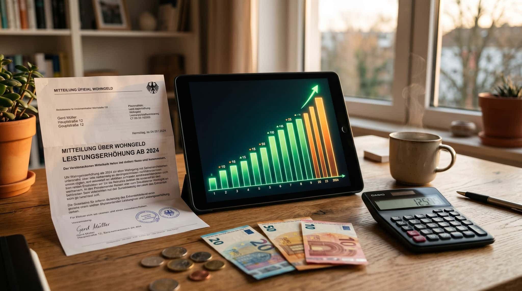 Tablet mit aufsteigendem Balkendiagramm zur Wohngeld-Erhöhung, Taschenrechner und Euromünzen