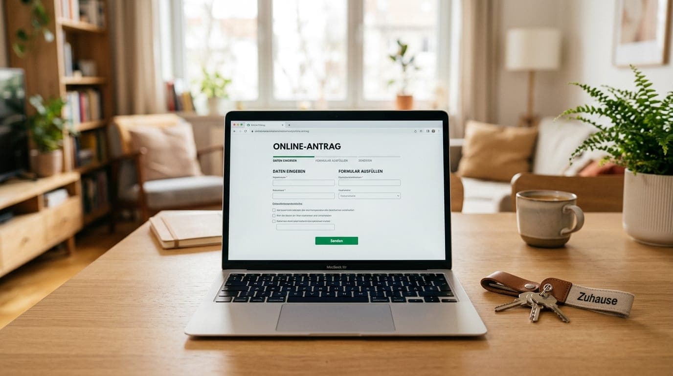 Laptop mit Wohngeld-Onlineantrag auf dem Bildschirm, Wohnungsschlüssel daneben