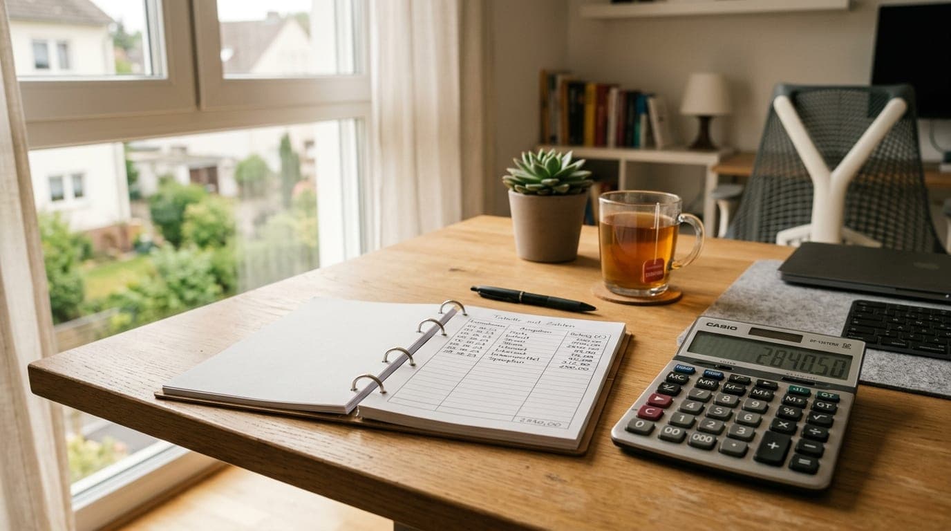 Tabelle mit Wohngeldbeträgen und Taschenrechner auf Schreibtisch