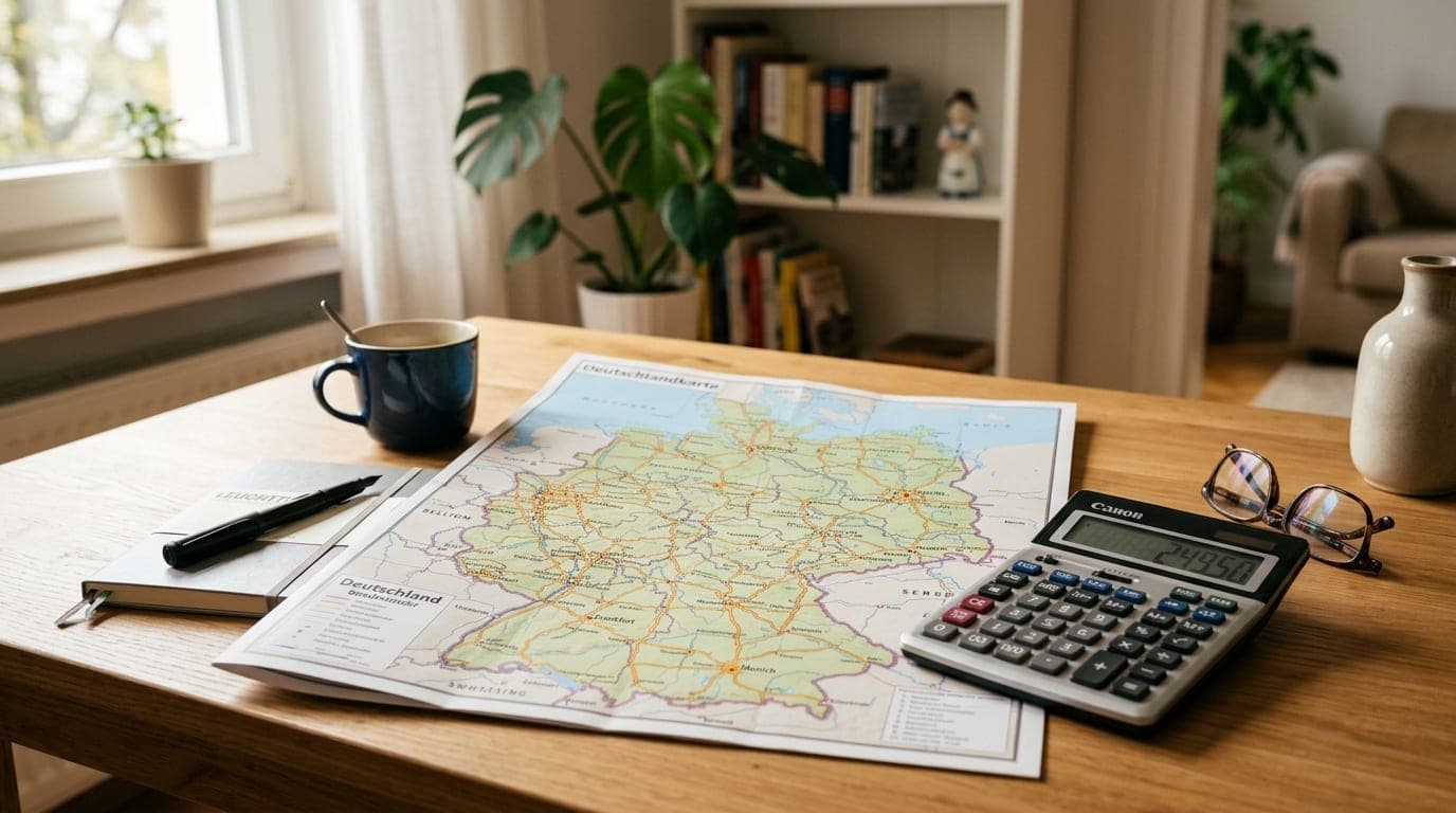 Deutschlandkarte mit Bundesländern und Wohngeld-Symbolen